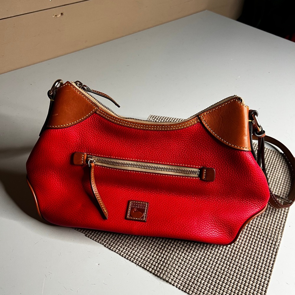 Dooney & Bourke Red Pebbled Leather Hobo‎ Shoulder Bag Brown Trim Gold Hardware